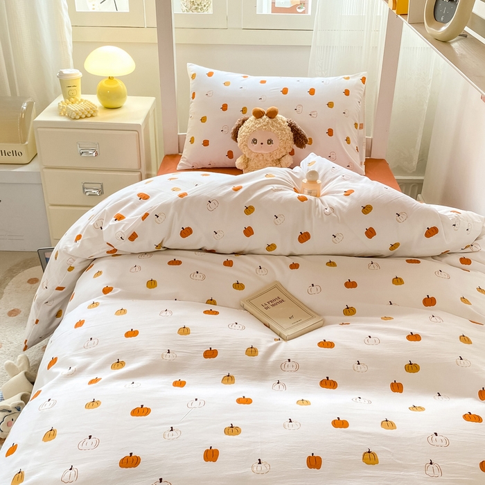 91家纺网 家纺一手货源 找家纺 芷凡家纺 2025新款水洗棉双层纱学生三件套四件套学生宿舍上下铺三件套 南瓜乐园