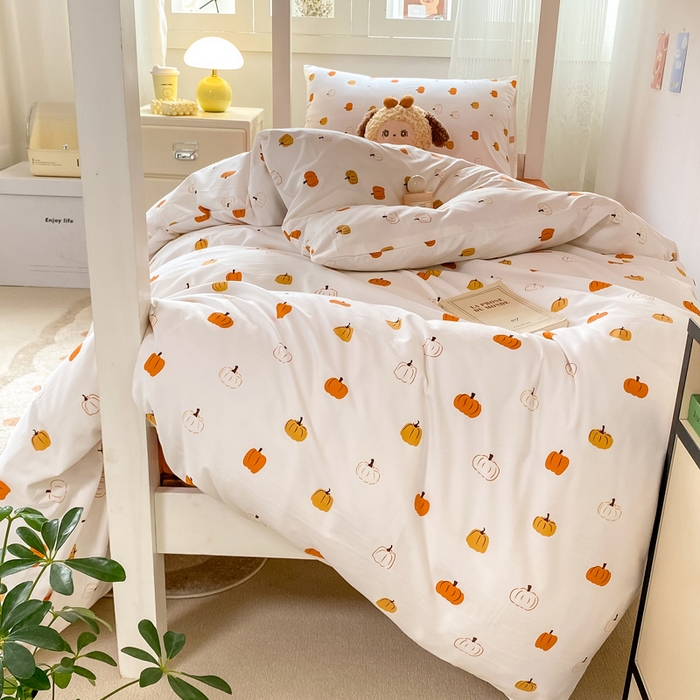 91家纺网 家纺一手货源 找家纺 芷凡家纺 2025新款水洗棉双层纱学生三件套四件套学生宿舍上下铺三件套 南瓜乐园