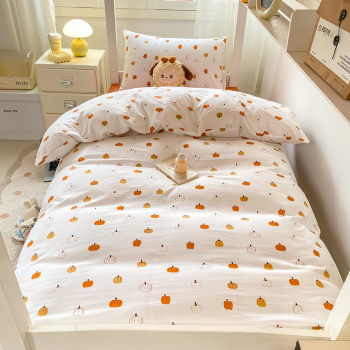 91家纺网 家纺一手货源 找家纺 芷凡家纺 2025新款水洗棉双层纱学生三件套四件套学生宿舍上下铺三件套 南瓜乐园