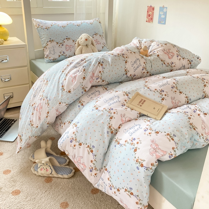 91家纺网 家纺一手货源 找家纺 芷凡家纺 2025新款水洗棉双层纱学生三件套四件套学生宿舍上下铺三件套 淑女兔