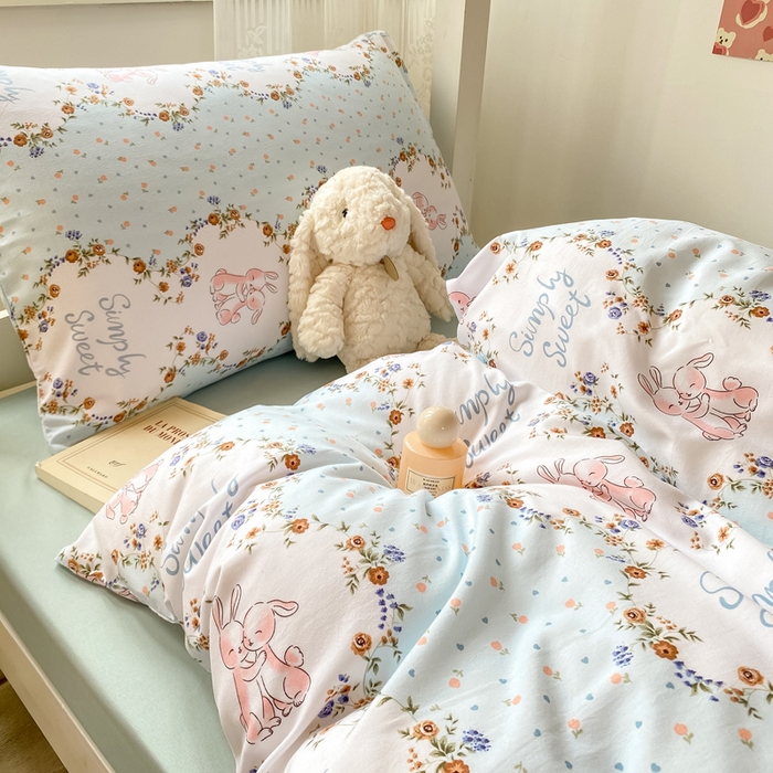 91家纺网 家纺一手货源 找家纺 芷凡家纺 2025新款水洗棉双层纱学生三件套四件套学生宿舍上下铺三件套 淑女兔