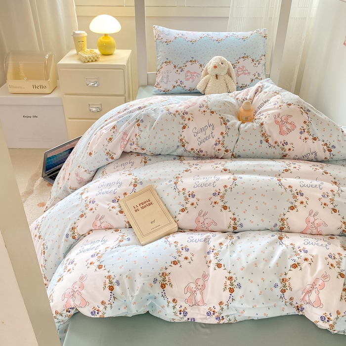 91家纺网 家纺一手货源 找家纺 芷凡家纺 2025新款水洗棉双层纱学生三件套四件套学生宿舍上下铺三件套 淑女兔