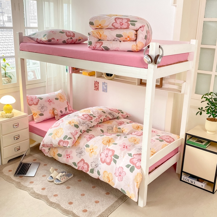 91家纺网 家纺一手货源 找家纺 芷凡家纺 2025新款水洗棉双层纱学生三件套四件套学生宿舍上下铺三件套 叶语阑珊