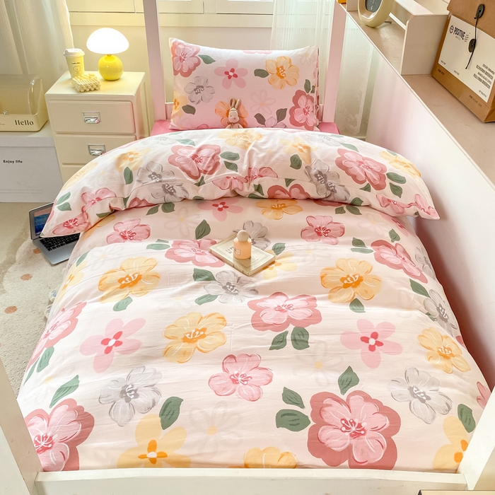 91家纺网 家纺一手货源 找家纺 芷凡家纺 2025新款水洗棉双层纱学生三件套四件套学生宿舍上下铺三件套 叶语阑珊