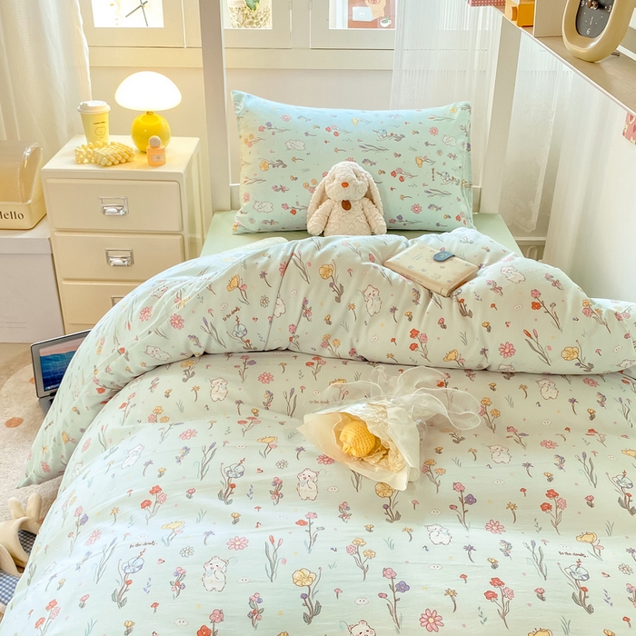 91家纺网 家纺一手货源 找家纺 芷凡家纺 2025新款水洗棉双层纱学生三件套四件套学生宿舍上下铺三件套 缤纷兔