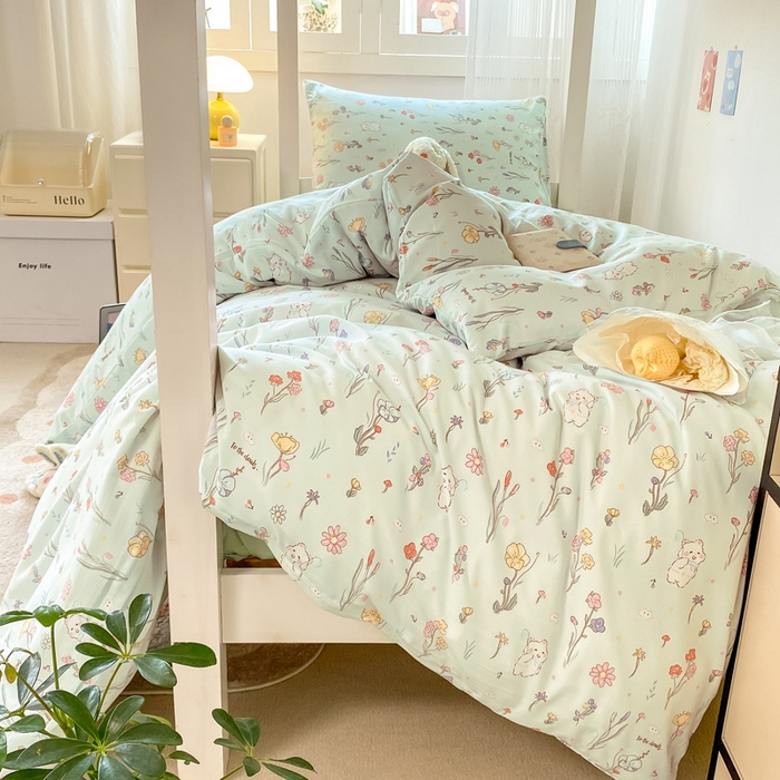 91家纺网 家纺一手货源 找家纺 芷凡家纺 2025新款水洗棉双层纱学生三件套四件套学生宿舍上下铺三件套 缤纷兔