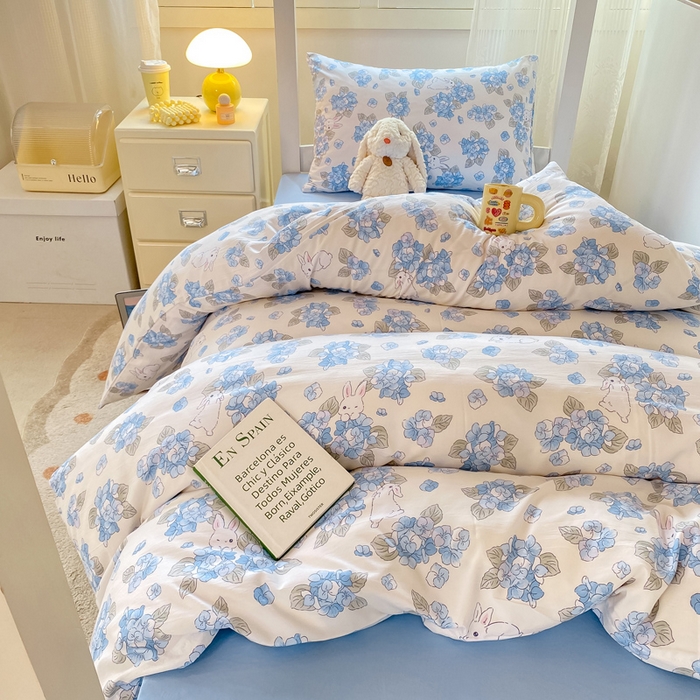 91家纺网 家纺一手货源 找家纺 芷凡家纺 2025新款水洗棉双层纱学生三件套四件套学生宿舍上下铺三件套 兰兰兔