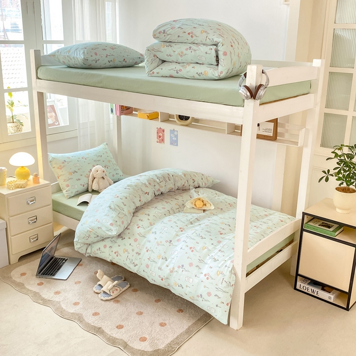 91家纺网 家纺一手货源 找家纺 芷凡家纺 2025新款水洗棉双层纱学生三件套四件套学生宿舍上下铺三件套 缤纷兔