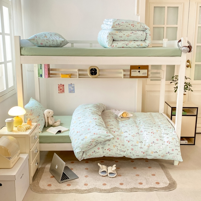 91家纺网 家纺一手货源 找家纺 芷凡家纺 2025新款水洗棉双层纱学生三件套四件套学生宿舍上下铺三件套 缤纷兔