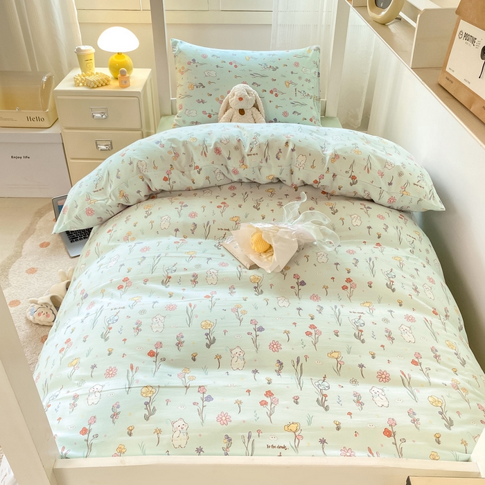 91家纺网 家纺一手货源 找家纺 芷凡家纺 2025新款水洗棉双层纱学生三件套四件套学生宿舍上下铺三件套 缤纷兔