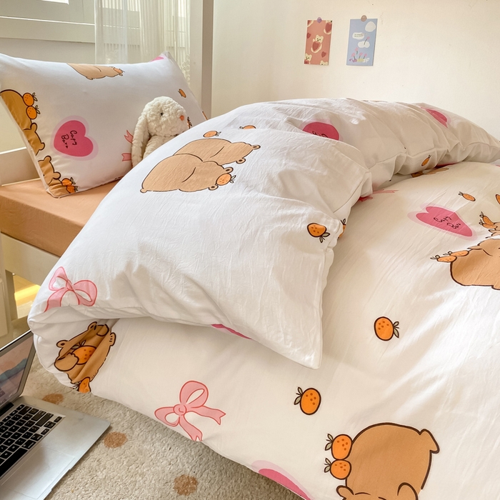 91家纺网 家纺一手货源 找家纺 芷凡家纺 2025新款水洗棉双层纱学生三件套四件套学生宿舍上下铺三件套 萌熊