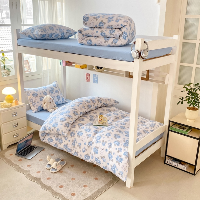 91家纺网 家纺一手货源 找家纺 芷凡家纺 2025新款水洗棉双层纱学生三件套四件套学生宿舍上下铺三件套 兰兰兔