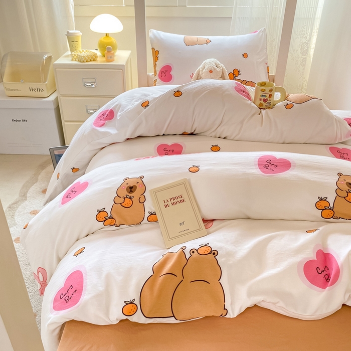 91家纺网 家纺一手货源 找家纺 芷凡家纺 2025新款水洗棉双层纱学生三件套四件套学生宿舍上下铺三件套 萌熊