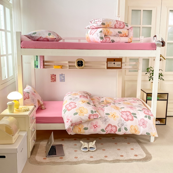 91家纺网 家纺一手货源 找家纺 芷凡家纺 2025新款水洗棉双层纱学生三件套四件套学生宿舍上下铺三件套 叶语阑珊