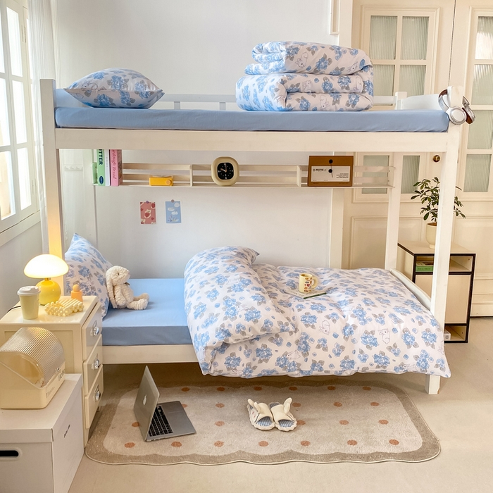 91家纺网 家纺一手货源 找家纺 芷凡家纺 2025新款水洗棉双层纱学生三件套四件套学生宿舍上下铺三件套 兰兰兔