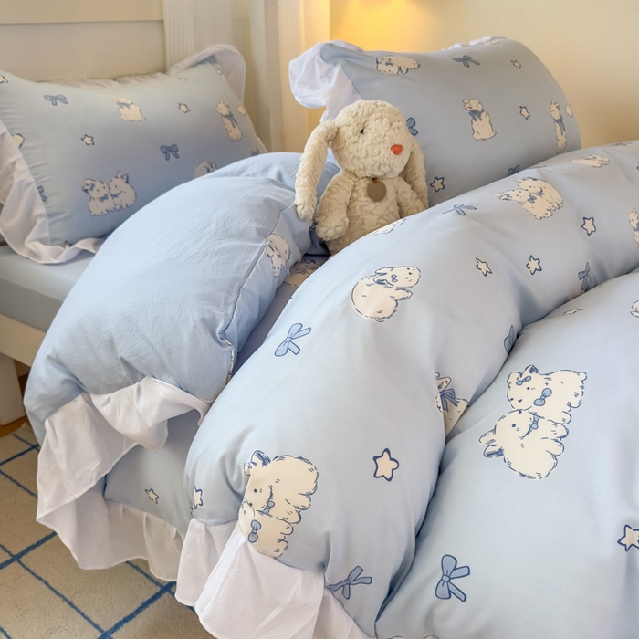 91家纺网 家纺一手货源 找家纺 （总）海岛哥哥 2025新款开学季云柔棉韩式ins减龄花边款卡通四件套-学生款花边款系列（可提供买家秀）