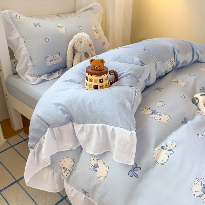 91家纺网 家纺一手货源 找家纺 海岛哥哥 2025新款开学季云柔棉韩式ins减龄花边款卡通四件套-学生款花边款系列（可提供买家秀） 花边款-奶团兔兔