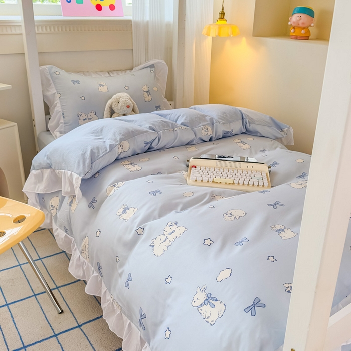 91家纺网 家纺一手货源 找家纺 海岛哥哥 2025新款开学季云柔棉韩式ins减龄花边款卡通四件套-学生款花边款系列（可提供买家秀） 花边款-奶团兔兔