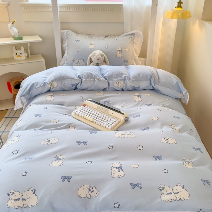 91家纺网 家纺一手货源 找家纺 海岛哥哥 2025新款开学季云柔棉韩式ins减龄花边款卡通四件套-学生款花边款系列（可提供买家秀） 花边款-奶团兔兔