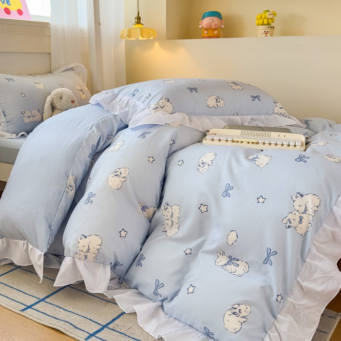 91家纺网 家纺一手货源 找家纺 海岛哥哥 2025新款开学季云柔棉韩式ins减龄花边款卡通四件套-学生款花边款系列（可提供买家秀） 花边款-奶团兔兔