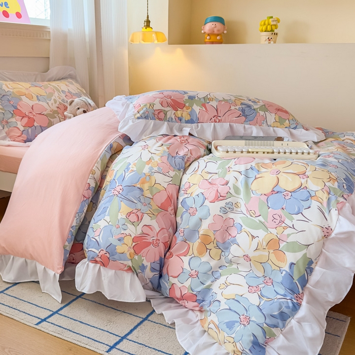 91家纺网 家纺一手货源 找家纺 海岛哥哥 2025新款开学季云柔棉韩式ins减龄花边款卡通四件套-学生款花边款系列（可提供买家秀） 花边款-淡淡花香粉