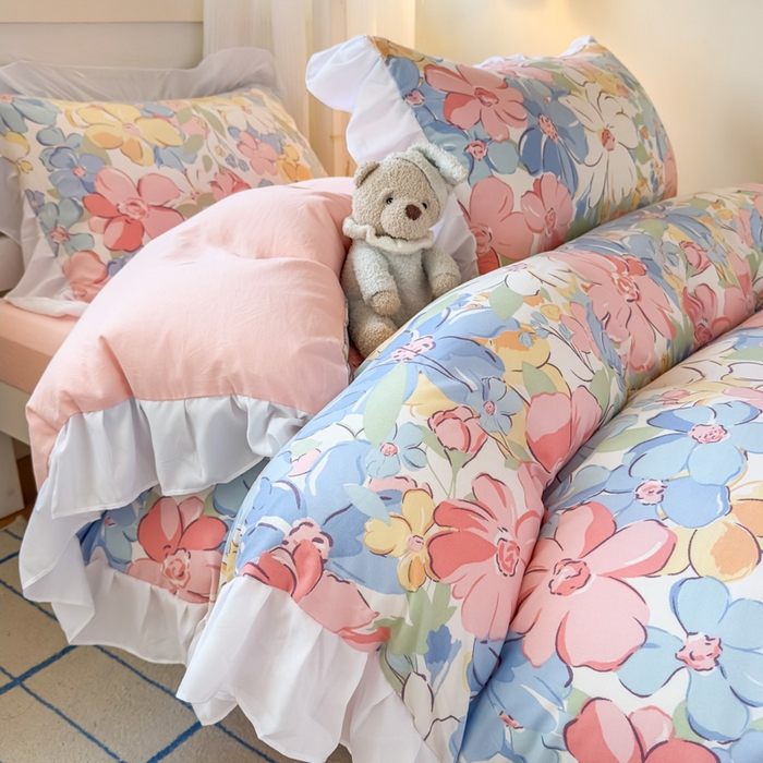 91家纺网 家纺一手货源 找家纺 海岛哥哥 2025新款开学季云柔棉韩式ins减龄花边款卡通四件套-学生款花边款系列（可提供买家秀） 花边款-淡淡花香粉