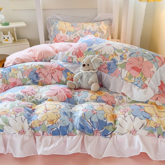 91家纺网 家纺一手货源 找家纺 海岛哥哥 2025新款开学季云柔棉韩式ins减龄花边款卡通四件套-学生款花边款系列（可提供买家秀） 花边款-淡淡花香粉