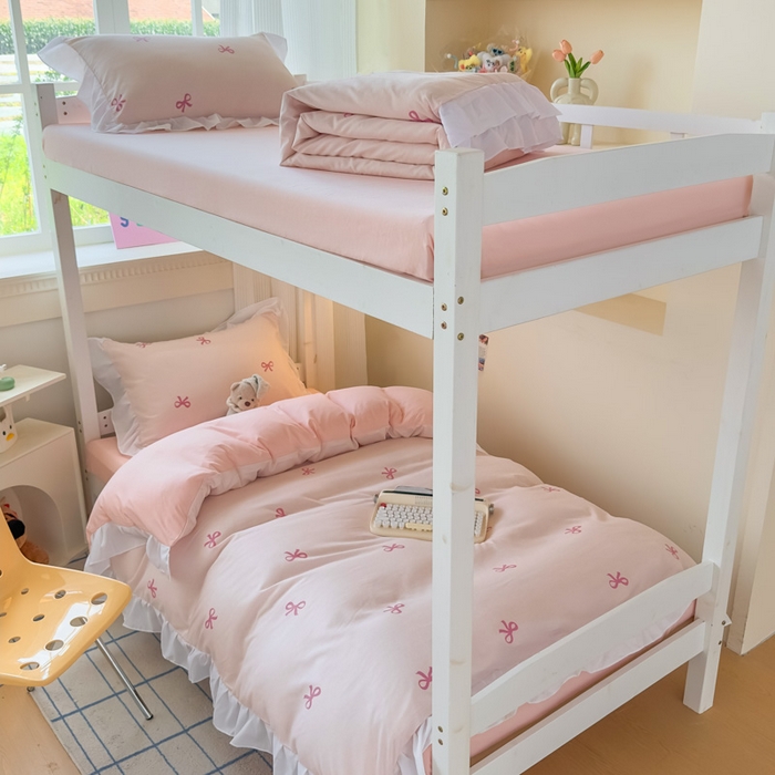 海岛哥哥 2025新款开学季云柔棉韩式ins减龄花边款卡通四件套-学生款花边款系列（可提供买家秀） 花边款-蝴蝶结粉