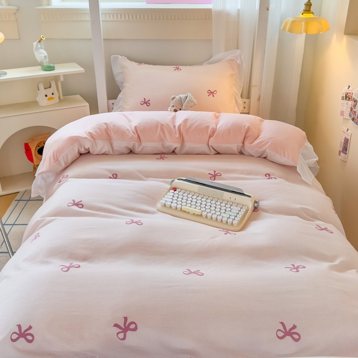 91家纺网 家纺一手货源 找家纺 海岛哥哥 2025新款开学季云柔棉韩式ins减龄花边款卡通四件套-学生款花边款系列（可提供买家秀） 花边款-蝴蝶结粉