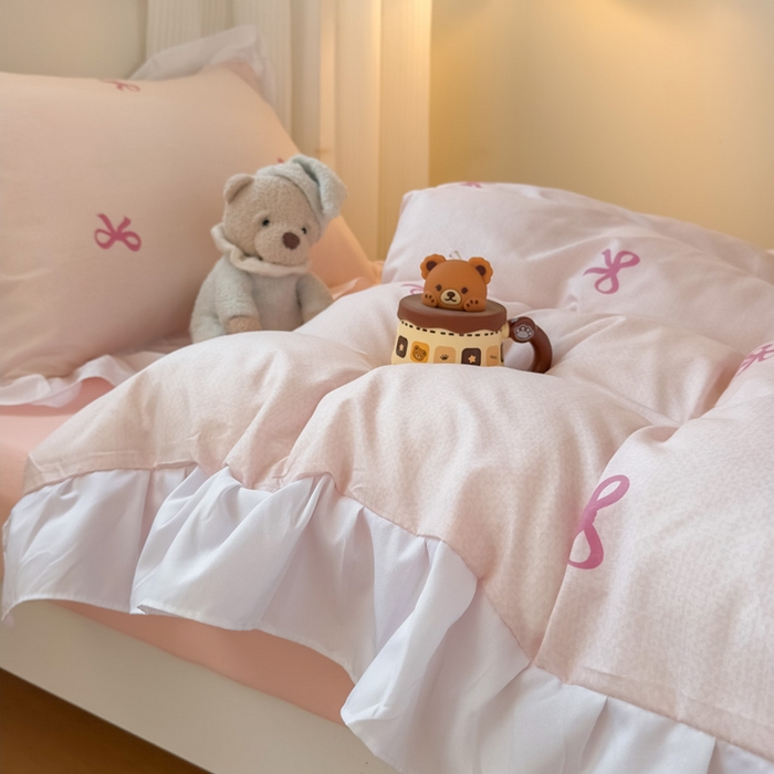 91家纺网 家纺一手货源 找家纺 海岛哥哥 2025新款开学季云柔棉韩式ins减龄花边款卡通四件套-学生款花边款系列（可提供买家秀） 花边款-蝴蝶结粉