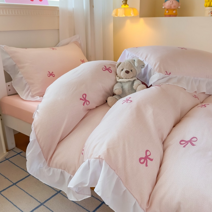 91家纺网 家纺一手货源 找家纺 海岛哥哥 2025新款开学季云柔棉韩式ins减龄花边款卡通四件套-学生款花边款系列（可提供买家秀） 花边款-蝴蝶结粉