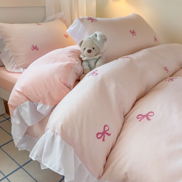 91家纺网 家纺一手货源 找家纺 海岛哥哥 2025新款开学季云柔棉韩式ins减龄花边款卡通四件套-学生款花边款系列（可提供买家秀） 花边款-蝴蝶结粉