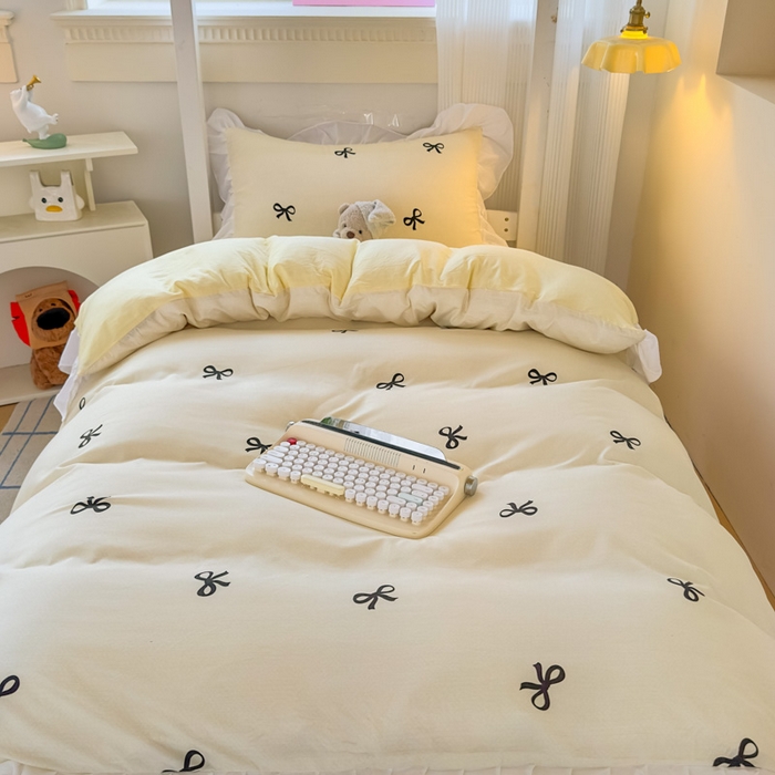 91家纺网 家纺一手货源 找家纺 海岛哥哥 2025新款开学季云柔棉韩式ins减龄花边款卡通四件套-学生款花边款系列（可提供买家秀） 花边款-蝴蝶结米