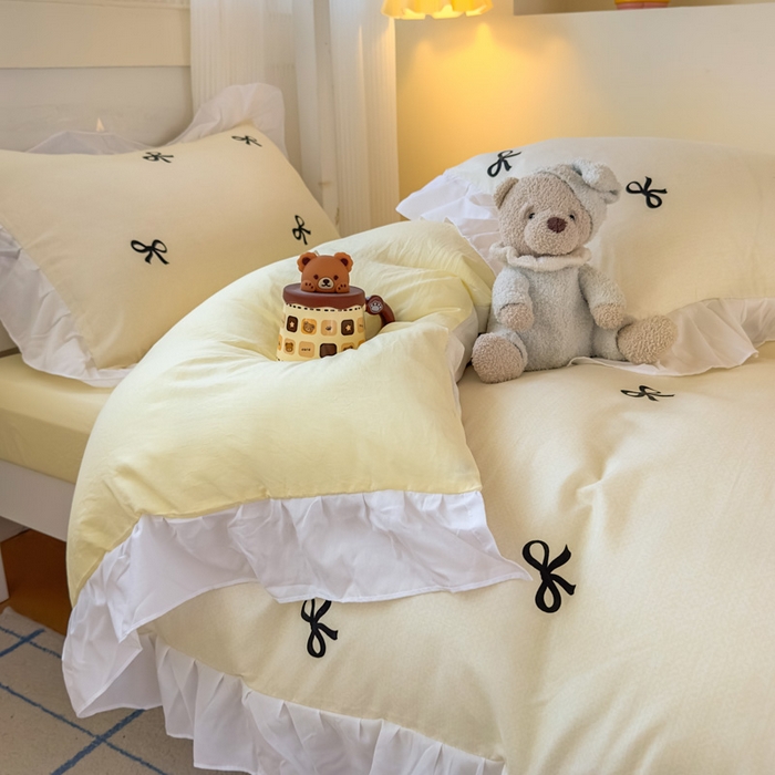 91家纺网 家纺一手货源 找家纺 海岛哥哥 2025新款开学季云柔棉韩式ins减龄花边款卡通四件套-学生款花边款系列（可提供买家秀） 花边款-蝴蝶结米