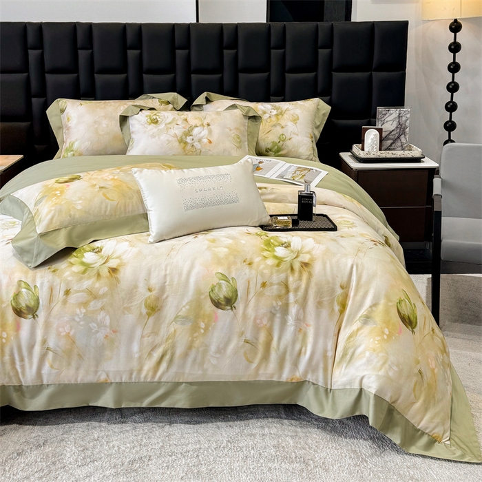 91家纺网 家纺一手货源 找家纺 绒棉世家 2025新款80S贡缎长绒棉拼角工艺数码印花四件套 含羞待放-緑