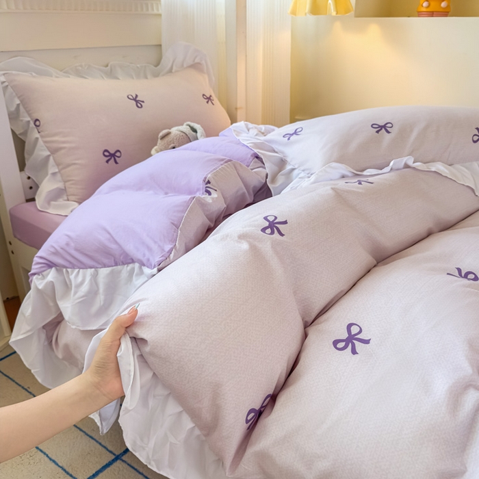 91家纺网 家纺一手货源 找家纺 海岛哥哥 2025新款开学季云柔棉韩式ins减龄花边款卡通四件套-学生款花边款系列（可提供买家秀） 花边款-蝴蝶结紫