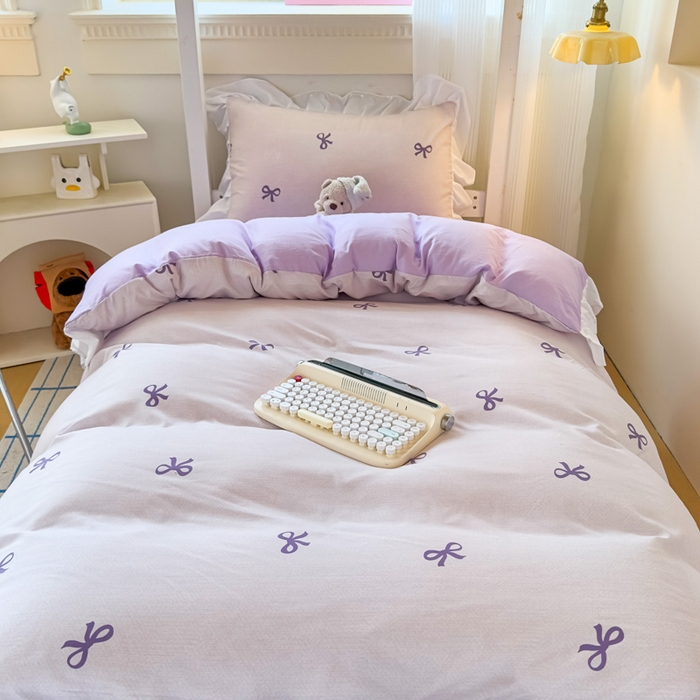 91家纺网 家纺一手货源 找家纺 海岛哥哥 2025新款开学季云柔棉韩式ins减龄花边款卡通四件套-学生款花边款系列（可提供买家秀） 花边款-蝴蝶结紫