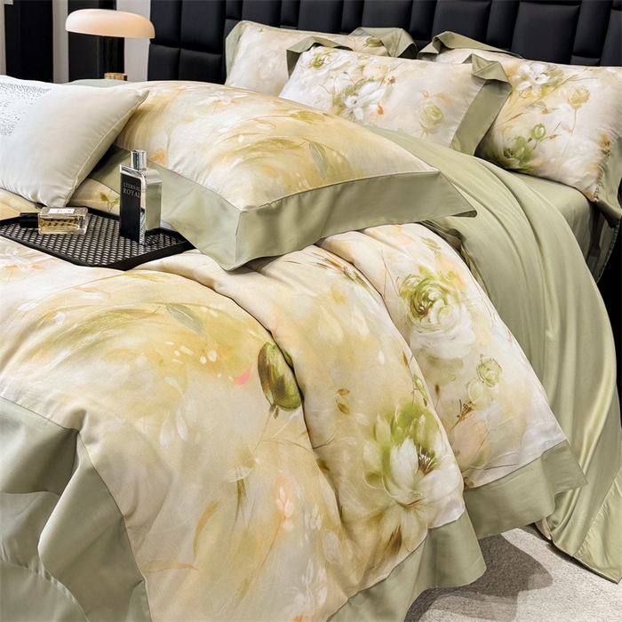 91家纺网 家纺一手货源 找家纺 绒棉世家 2025新款80S贡缎长绒棉拼角工艺数码印花四件套 含羞待放-緑