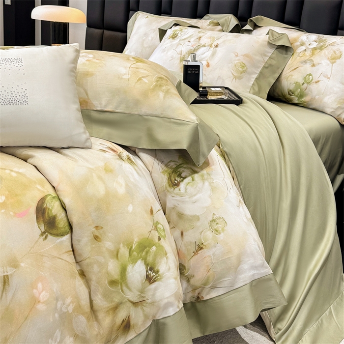 91家纺网 家纺一手货源 找家纺 绒棉世家 2025新款80S贡缎长绒棉拼角工艺数码印花四件套 含羞待放-緑