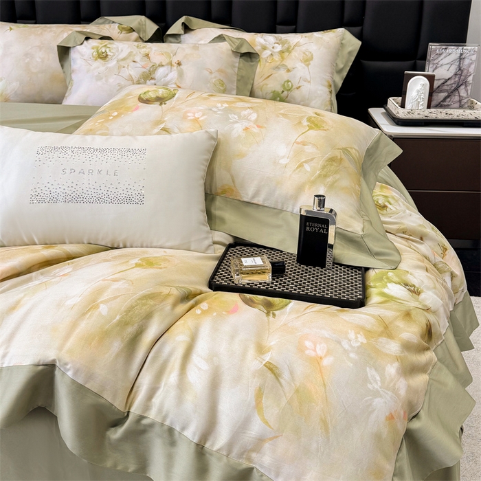 91家纺网 家纺一手货源 找家纺 绒棉世家 2025新款80S贡缎长绒棉拼角工艺数码印花四件套 含羞待放-緑