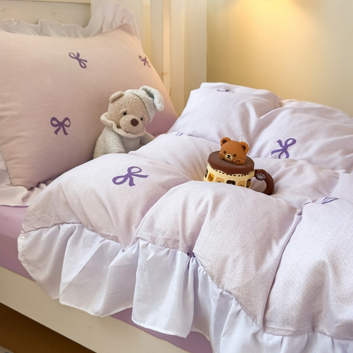 91家纺网 家纺一手货源 找家纺 海岛哥哥 2025新款开学季云柔棉韩式ins减龄花边款卡通四件套-学生款花边款系列（可提供买家秀） 花边款-蝴蝶结紫