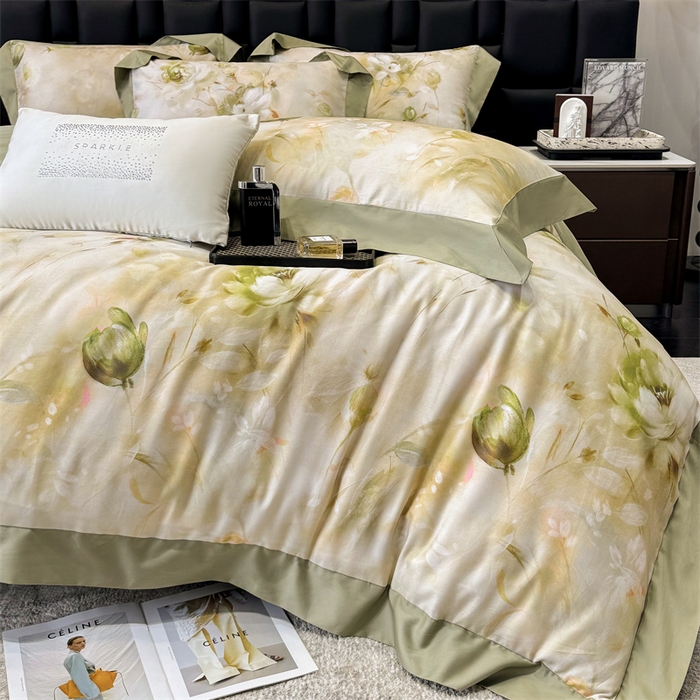 91家纺网 家纺一手货源 找家纺 绒棉世家 2025新款80S贡缎长绒棉拼角工艺数码印花四件套 含羞待放-緑