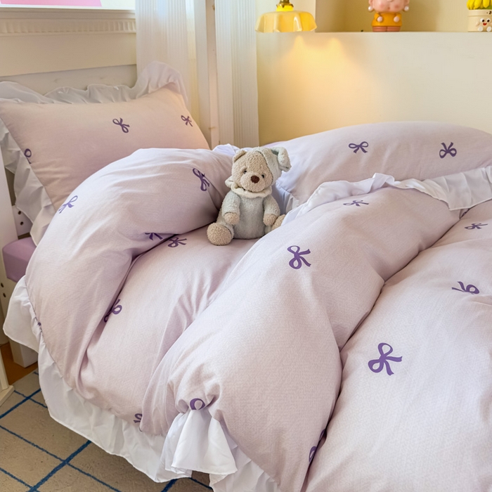 91家纺网 家纺一手货源 找家纺 海岛哥哥 2025新款开学季云柔棉韩式ins减龄花边款卡通四件套-学生款花边款系列（可提供买家秀） 花边款-蝴蝶结紫