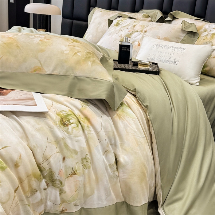 91家纺网 家纺一手货源 找家纺 绒棉世家 2025新款80S贡缎长绒棉拼角工艺数码印花四件套 含羞待放-緑