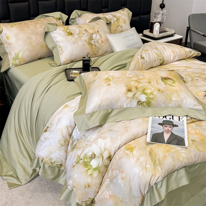 91家纺网 家纺一手货源 找家纺 绒棉世家 2025新款80S贡缎长绒棉拼角工艺数码印花四件套 含羞待放-緑