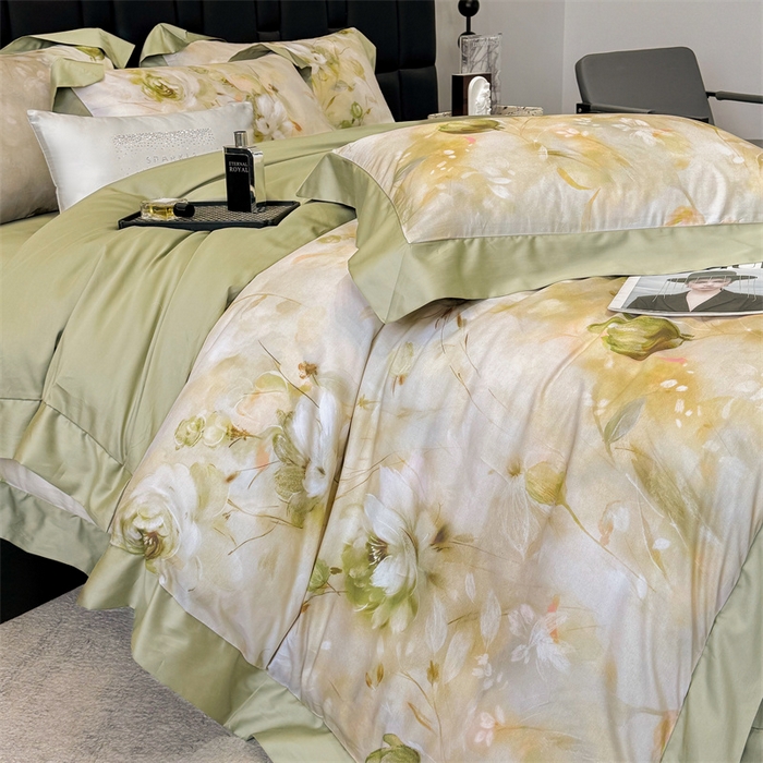 91家纺网 家纺一手货源 找家纺 绒棉世家 2025新款80S贡缎长绒棉拼角工艺数码印花四件套 含羞待放-緑