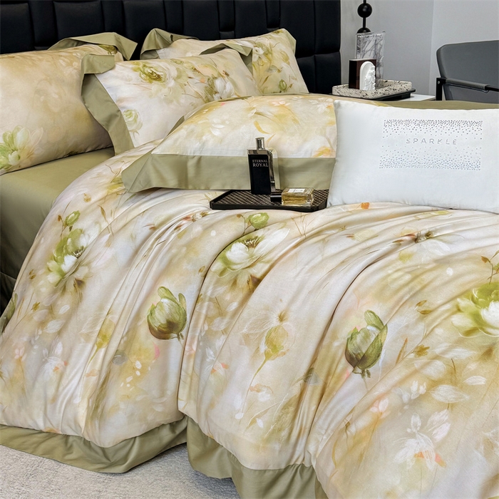 91家纺网 家纺一手货源 找家纺 绒棉世家 2025新款80S贡缎长绒棉拼角工艺数码印花四件套 含羞待放-緑