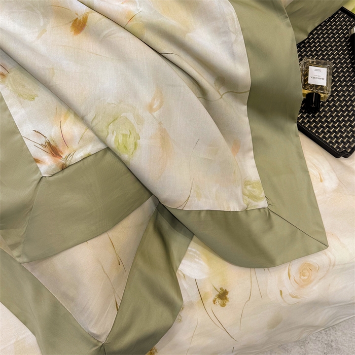 91家纺网 家纺一手货源 找家纺 绒棉世家 2025新款80S贡缎长绒棉拼角工艺数码印花四件套 含羞待放-緑