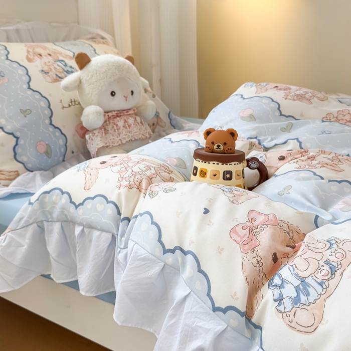 91家纺网 家纺一手货源 找家纺 海岛哥哥 2025新款开学季云柔棉韩式ins减龄花边款卡通四件套-学生款花边款系列（可提供买家秀） 花边款-蓝色蕾丝兔