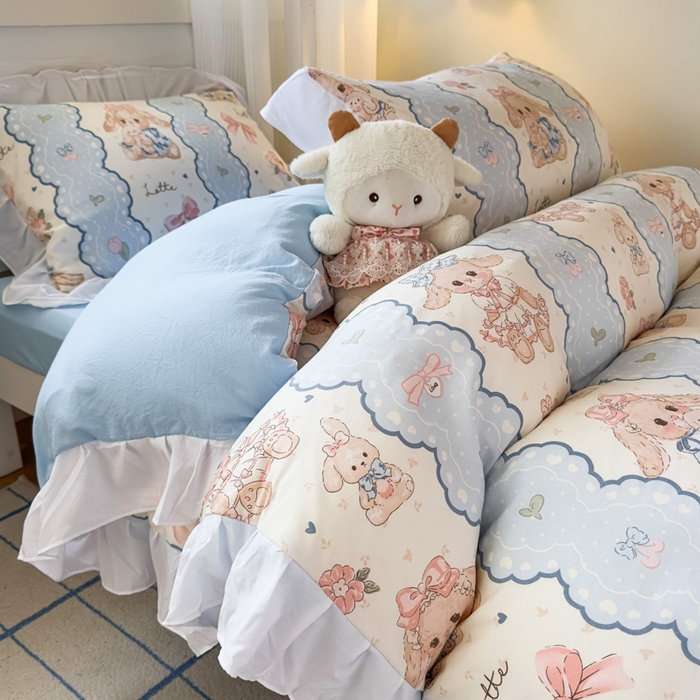 91家纺网 家纺一手货源 找家纺 海岛哥哥 2025新款开学季云柔棉韩式ins减龄花边款卡通四件套-学生款花边款系列（可提供买家秀） 花边款-蓝色蕾丝兔